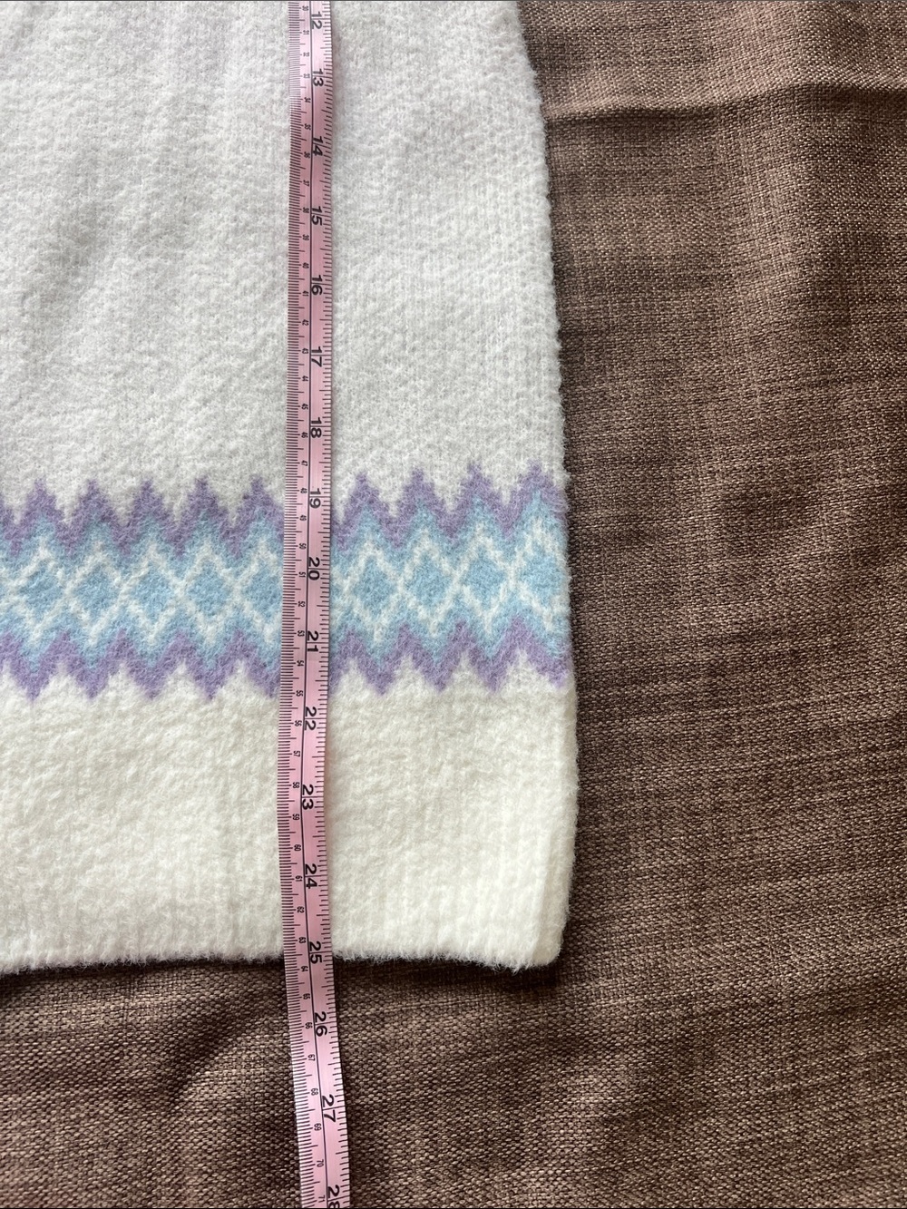 Pink Lily White Crewneck Sweater with Green & Lavender Fair Isle - Picture 6 of 7